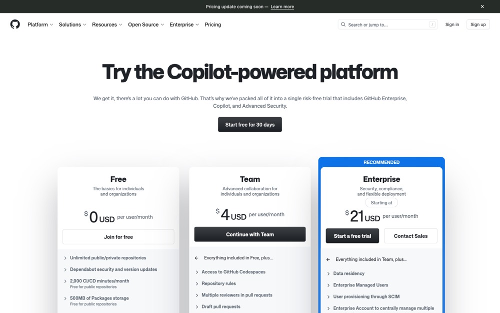 GitHub pricing page showing the Team plan at $4 per user per month for advanced collaboration
