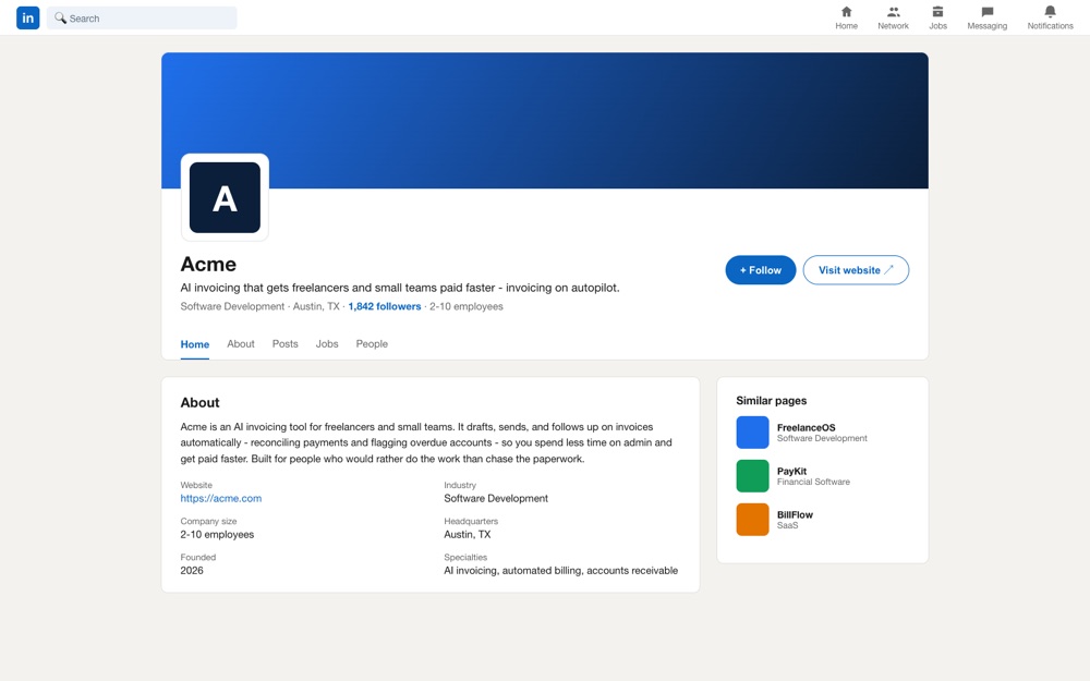 A completed LinkedIn Company Page for Acme with tagline, About section, website, industry, size, headquarters, founded, and specialties