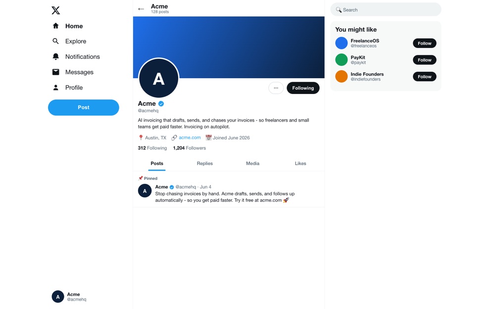 A completed X profile for Acme with a consistent handle, 160-character bio, location, website link, and a pinned post