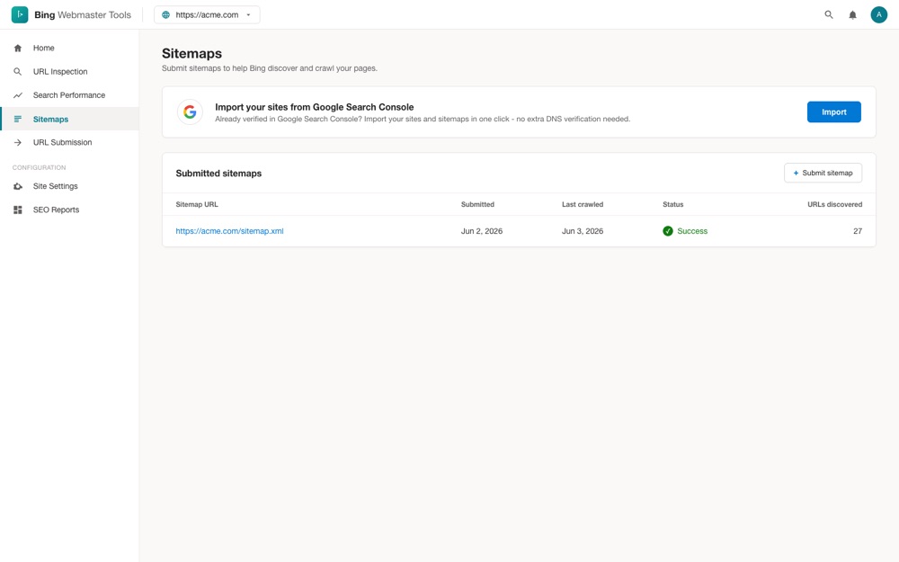 Bing Webmaster Tools dashboard for acme.com showing indexed pages and a submitted sitemap imported from Google Search Console